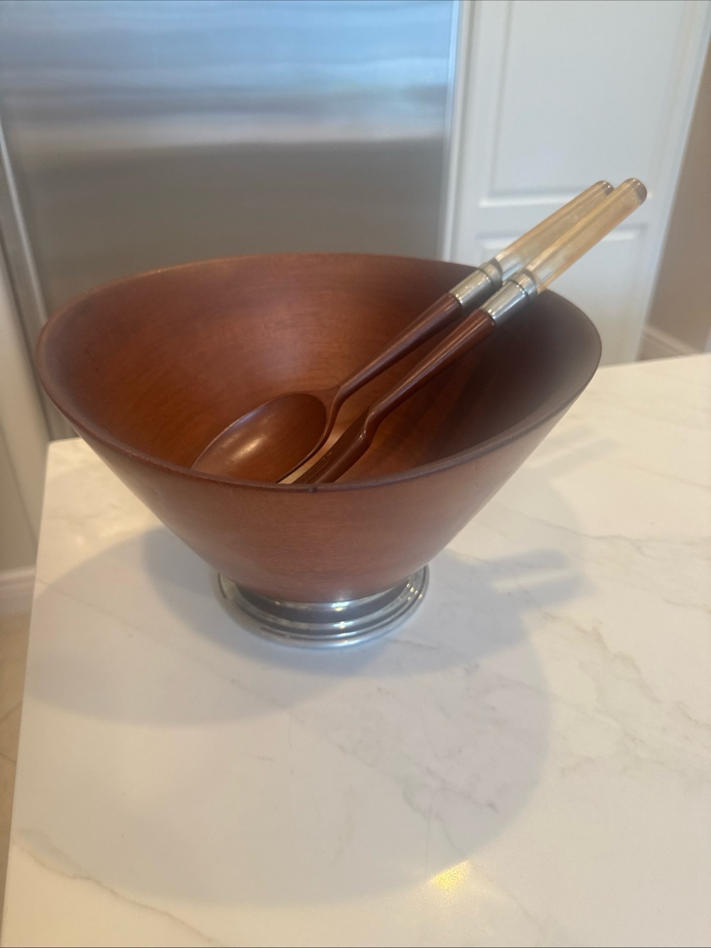 Mahogany Wood Salad Bowl w/Sterling Pedestal Base & Utensils MCM